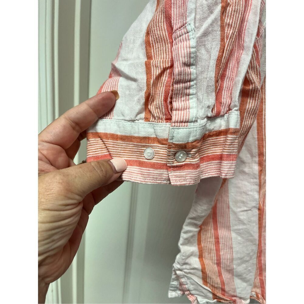 Lane Bryant Linen Peach Pink & White Stripe Embroidered Button Down Collarless S - Picture 4 of 6